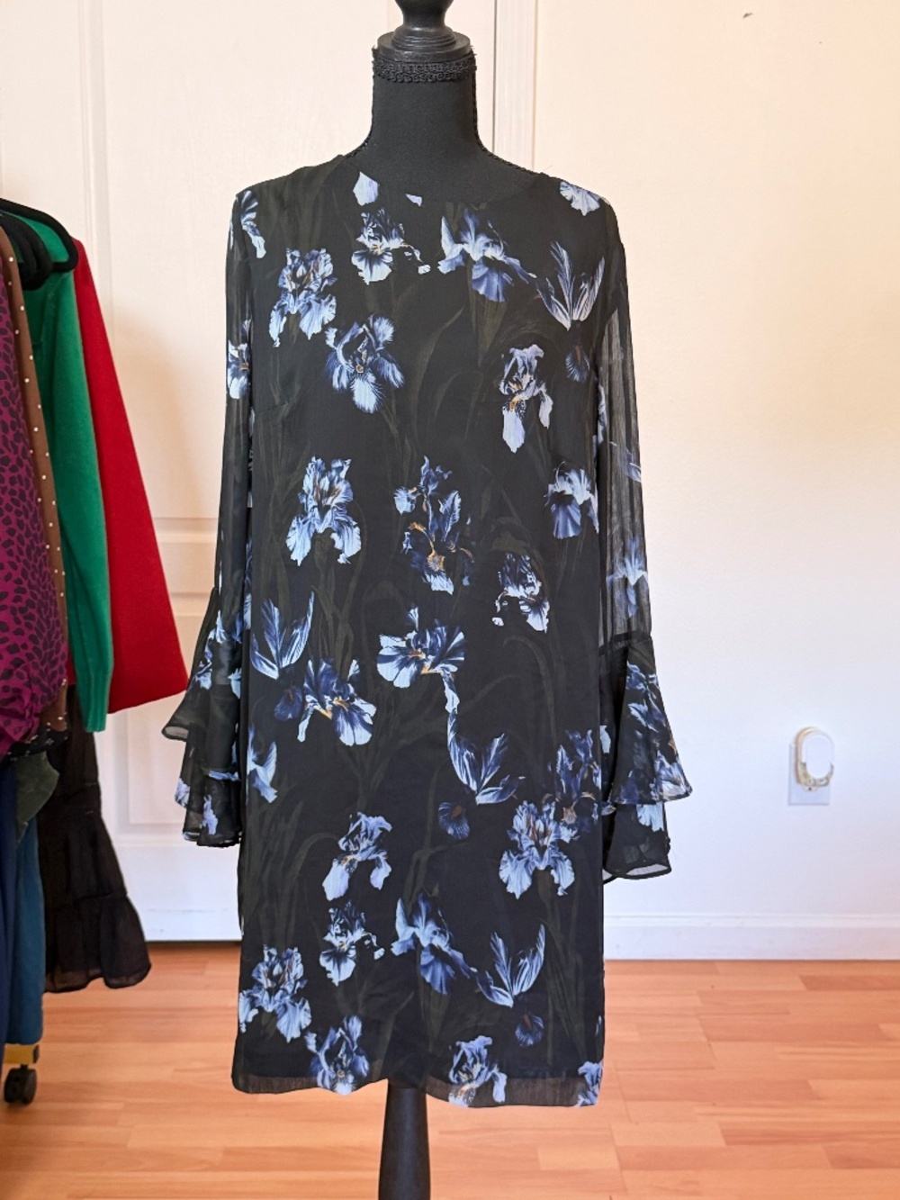 H&M Floral Print Shift Dress Black Blue Iris Bell Sleeve Sheer Overlay